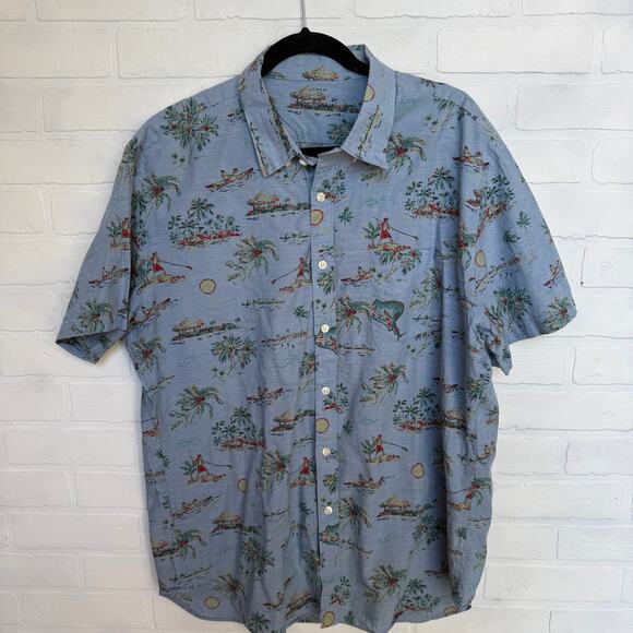 J.CREW Men's Lightweight Cotton Hawaiian Print Chambray Short Sleeve Shirt sz XL - Picture 1 of 5